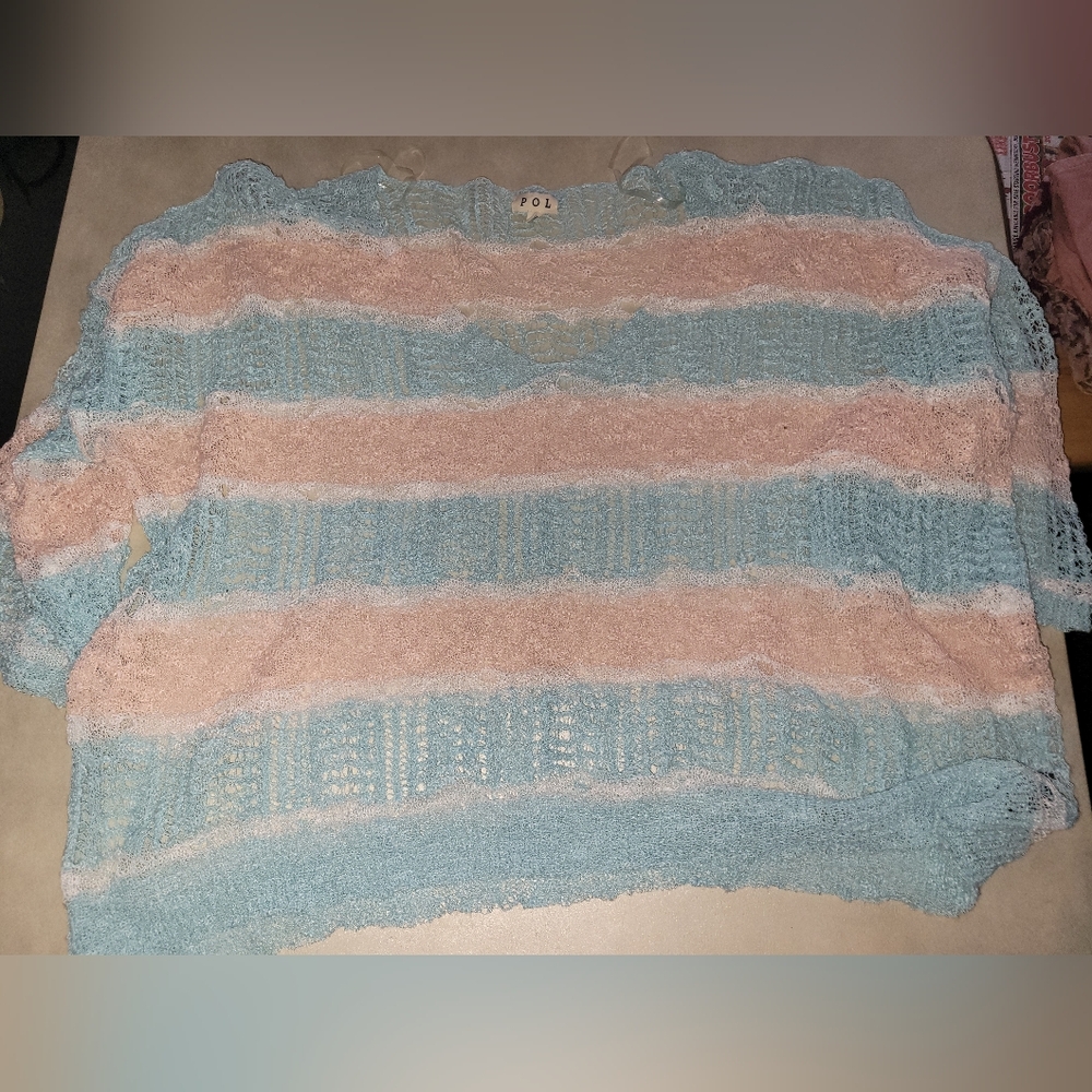POL NWOT SZ SMALL open Knit Sweater in Blue and Pink Stripes